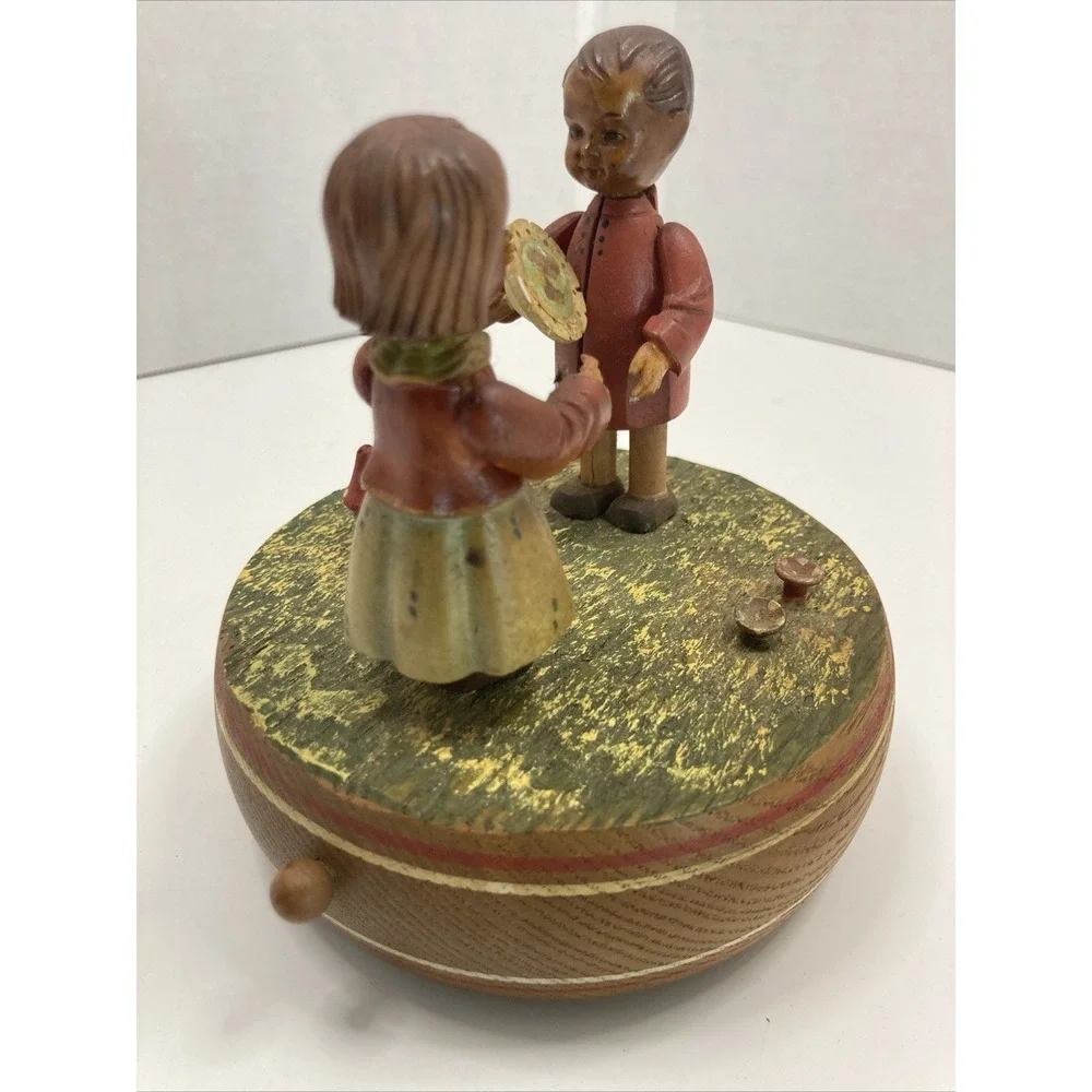 Rare ANRI Reuge Vtg Swiss Music Box Boy & Girl Happy Birthday Mushrooms Working!